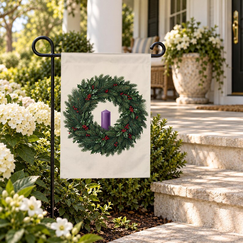 Advent garden flag on a garden stand among white flowers beside stone porch steps