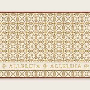 Puede incluir: Una tarjeta rectangular con un patrón repetitivo de cruces doradas y marrones dentro de círculos sobre un fondo crema. Una banda horizontal en la parte inferior contiene el texto "ALLELUIA" dos veces, separado y flanqueado por pequeñas cruces doradas.