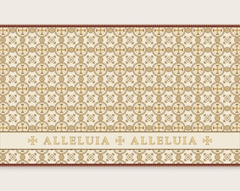 Puede incluir: Una tarjeta rectangular con un patrón repetitivo de cruces doradas y marrones dentro de círculos sobre un fondo crema. Una banda horizontal en la parte inferior contiene el texto "ALLELUIA" dos veces, separado y flanqueado por pequeñas cruces doradas.