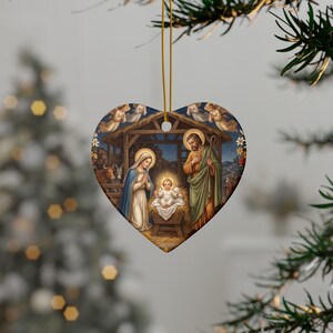 Ceramic Nativity Ornament, Catholic Christmas Keepsake Gift for Grandparent Godparent Teacher, Two-Sided Holy Family image 6