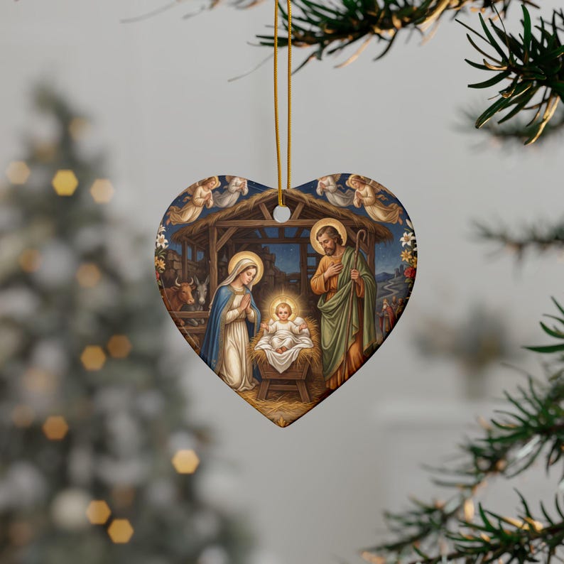 Ceramic Nativity Ornament, Catholic Christmas Keepsake Gift for Grandparent Godparent Teacher, Two-Sided Holy Family image 6