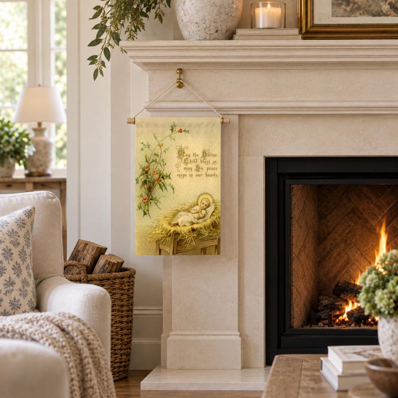 Nativity garden flag hung from a wooden dowel beside a lit fireplace