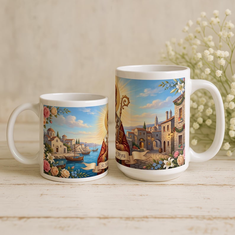 Close view of St. Nicholas ceramic mug