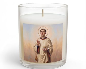 Vela de San Esteban en vidrio esmerilado, con mecha de madera, devocional al Primer Mártir.