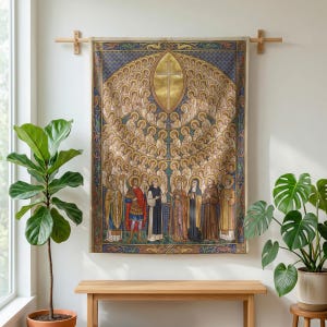 All Saints plush blanket hung on a wall from a wooden rod above a bench, between potted plants