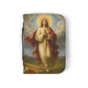 Assumption of Mary Bible Cover, Catholic Gift for Mom or Confirmation, Marian PU Leather Zip Bible Case image 11