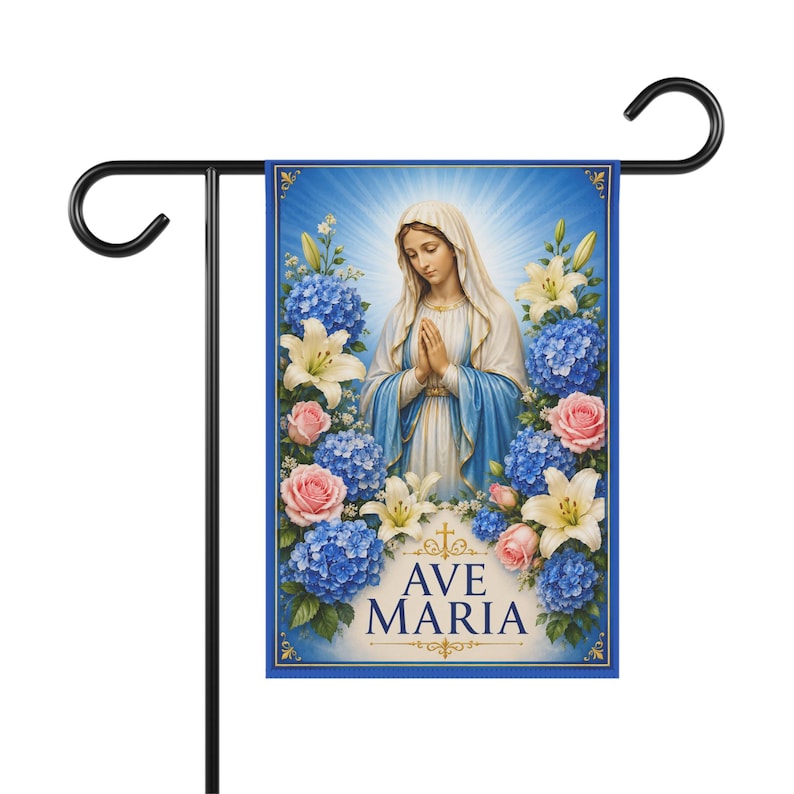 Ave Maria Virgin Mary Garden Flag | Religious Outdoor Banner, Floral Shrine image 3