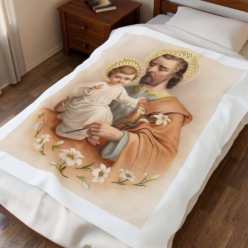 Sacred Art St. Joseph Blanket, Catholic Holy Family Velveteen Throw for Prayer or Home image 8