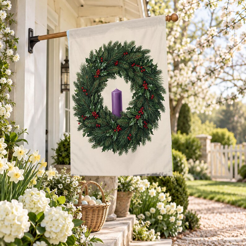 Advent garden flag in the large size, hung from a wall pole over a spring porch of daffodils