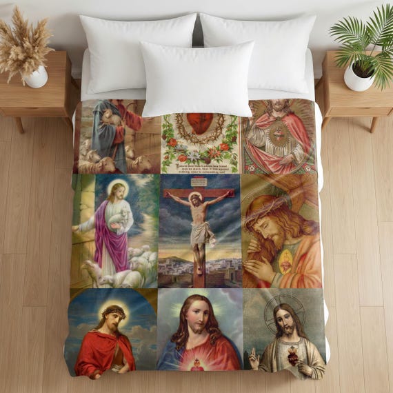 Sacred Heart of Jesus Blanket, Catholic Devotional Throw, Marian Collage Plush Blanket Gift