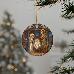 Ceramic Nativity Ornament, Catholic Christmas Keepsake Gift for Grandparent Godparent Teacher, Two-Sided Holy Family image 3