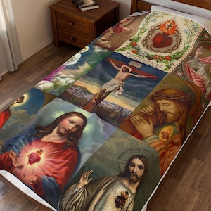 Sacred Heart of Jesus Blanket, Catholic Devotional Throw, Marian Collage Plush Blanket Gift image 1