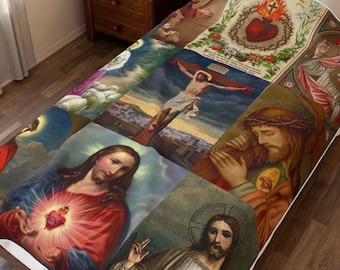 Sacred Heart of Jesus Blanket, Catholic Devotional Throw, Marian Collage Plush Blanket Gift
