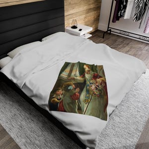 St. Nicholas Santa Claus Catholic Blanket, Vintage Holy Card Christmas Gift, Plush Throw for Catholic Home image 4