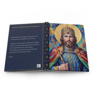 Close view of St. Stephen of Hungary lined journal, with the prayer typeset on the back cover, navy and gold fleur-de-lis spine, front cover
