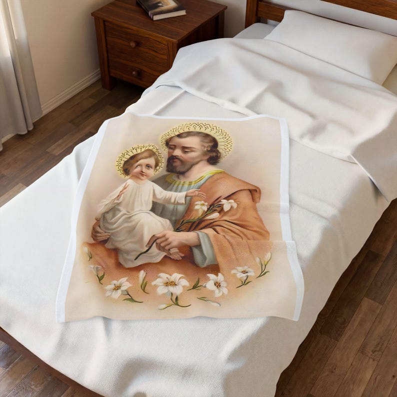Sacred Art St. Joseph Blanket, Catholic Holy Family Velveteen Throw for Prayer or Home image 4