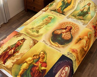 Catholic Madonna Blanket, Vintage Marian Collage Velveteen Throw, Blessed Mother Gift for Catholic Home
