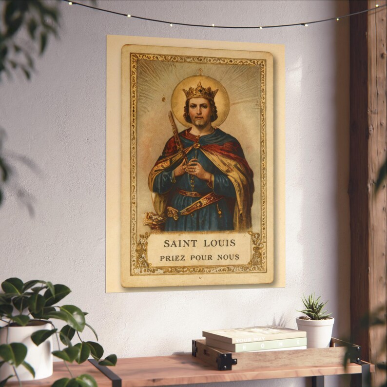 Saint Louis King of France Catholic Art Poster, Vintage Devotional Wall Print, Sacred Art Gift for Catholic Home image 1