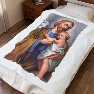 Lilies of St. Joseph Velveteen Blanket, Catholic Nursery Throw, Godfather or New Baby Baptism Gift image 8