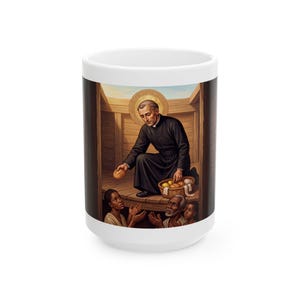 Witte keramische mok, katholiek geschenk met afbeelding van Sint Peter Claver, jezuïetenpatroonbeker afbeelding 2