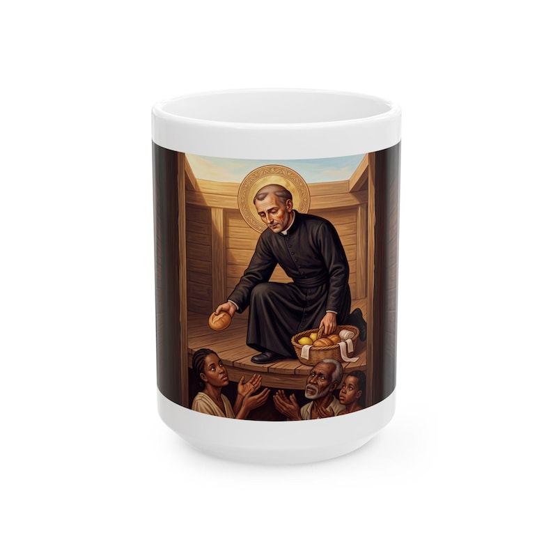 Witte keramische mok, katholiek geschenk met afbeelding van Sint Peter Claver, jezuïetenpatroonbeker afbeelding 2