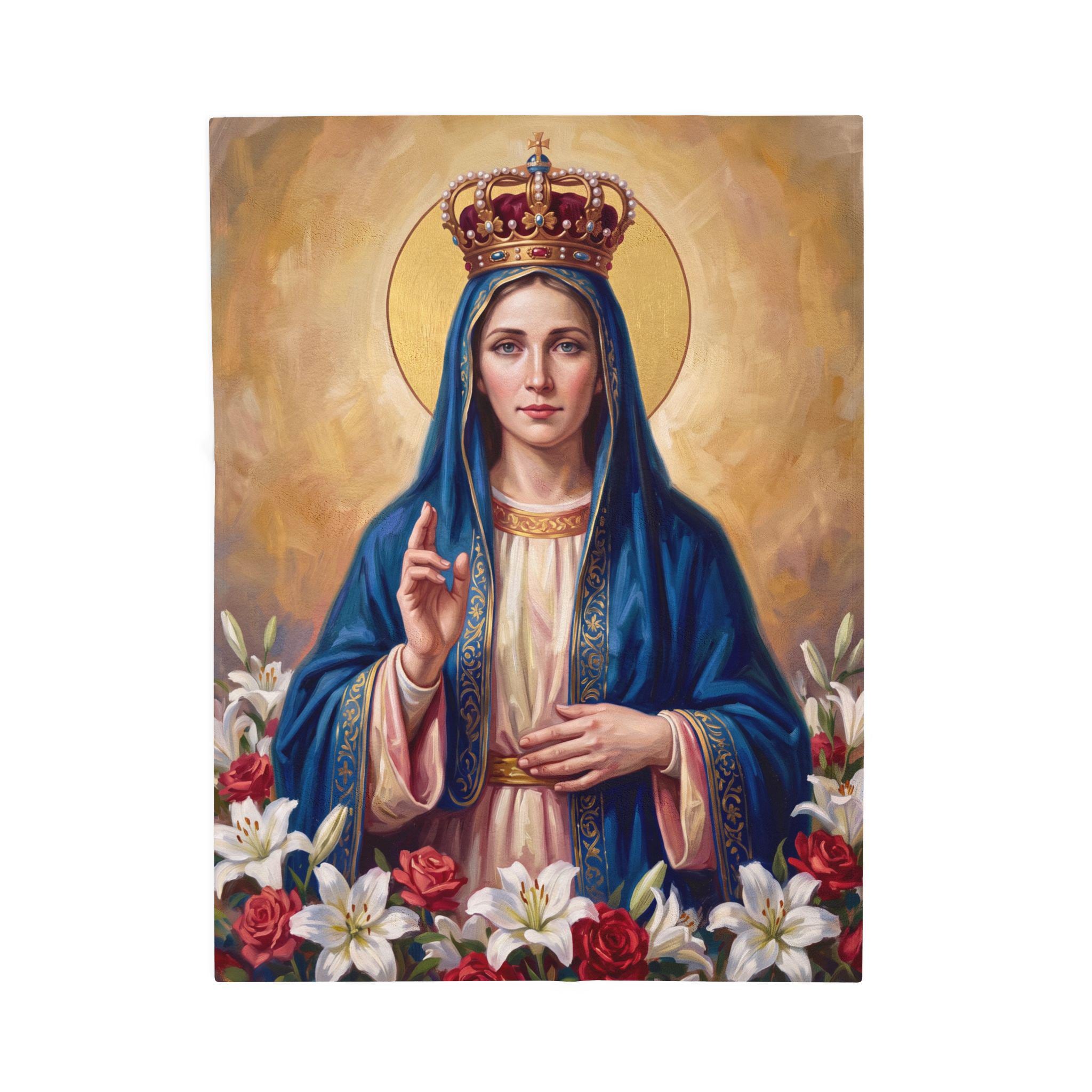 Queenship of Mary Velveteen Blanket, Marian Devotional Throw, Catholic Gift