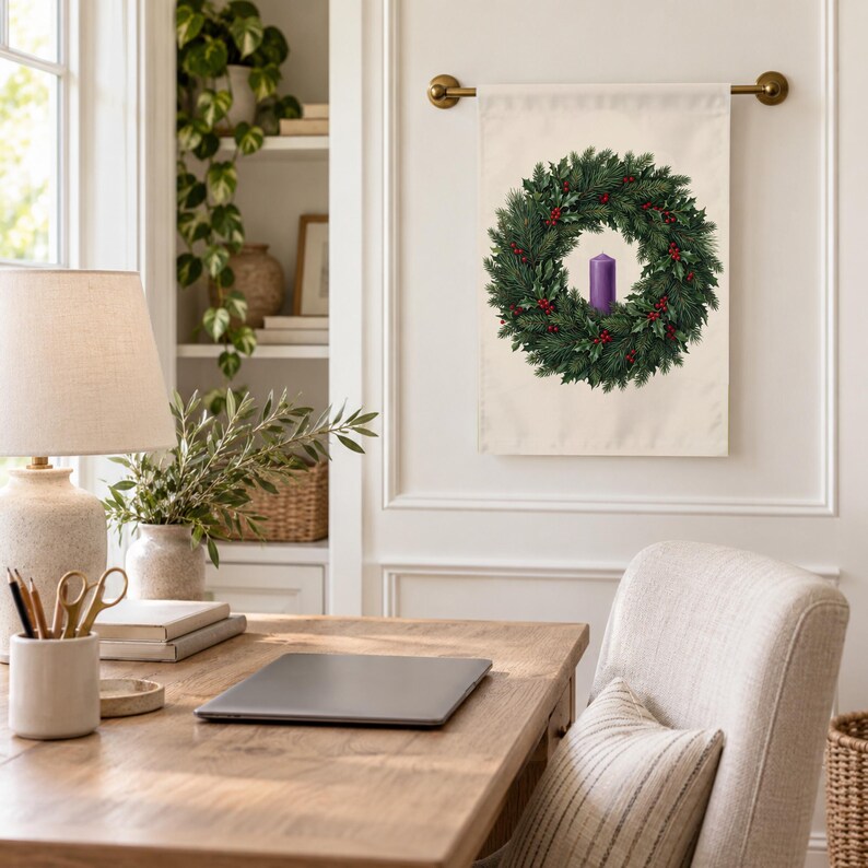 Advent garden flag hung from a brass rod above a desk in a bright home office