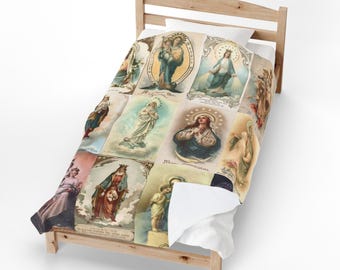 Virgin Mary Collage Blanket, Catholic Holy Cards Throw, Marian Devotional Gift for Catholic Home