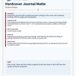 View of Queenship of Mary lined journal, with the prayer typeset on the back cover, navy and gold star spine