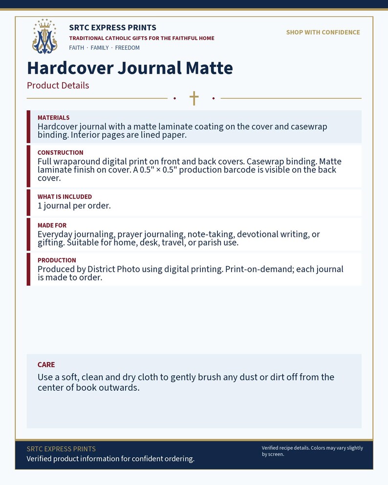 View of Queenship of Mary lined journal, with the prayer typeset on the back cover, navy and gold star spine
