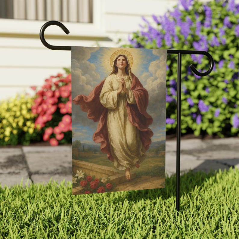 Assumption of Mary Garden Flag, Outdoor Catholic Yard Banner, Marian Devotional Gift for Home or Prayer Garden image 5
