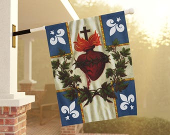 Sacred Heart Garden Flag, Fleur-de-Lis Catholic Outdoor Banner, Devotional Yard Flag for Catholic Home
