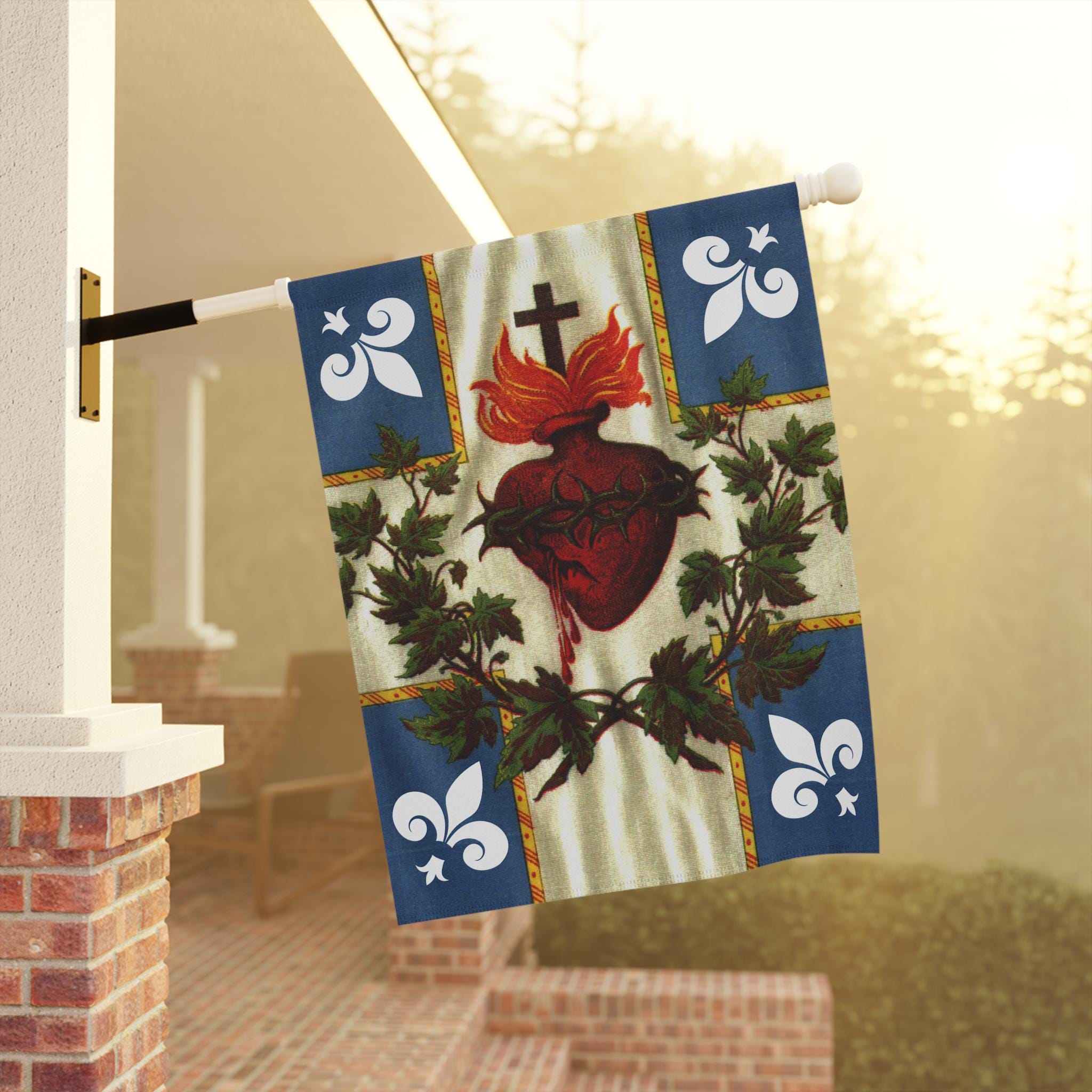 Sacred Heart Garden Flag, Fleur-de-Lis Catholic Outdoor Banner, Devotional Yard Flag for Catholic Home