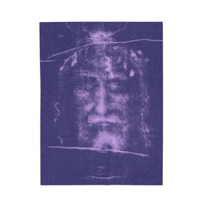 Shroud of Turin Blanket, Holy Face of Jesus Catholic Gift, Purple Velveteen Plush Throw for Prayer Room or Home image 3