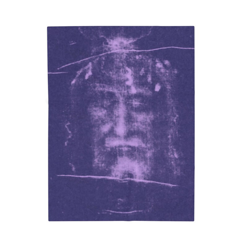 Shroud of Turin Blanket, Holy Face of Jesus Catholic Gift, Purple Velveteen Plush Throw for Prayer Room or Home image 3