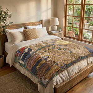 All Saints plush blanket spread over a wooden bed beside a sunlit garden window