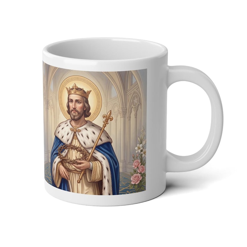 Saint Louis Jumbo Mug, King Louis IX Catholic Coffee Cup, Traditional Sacred Art image 1