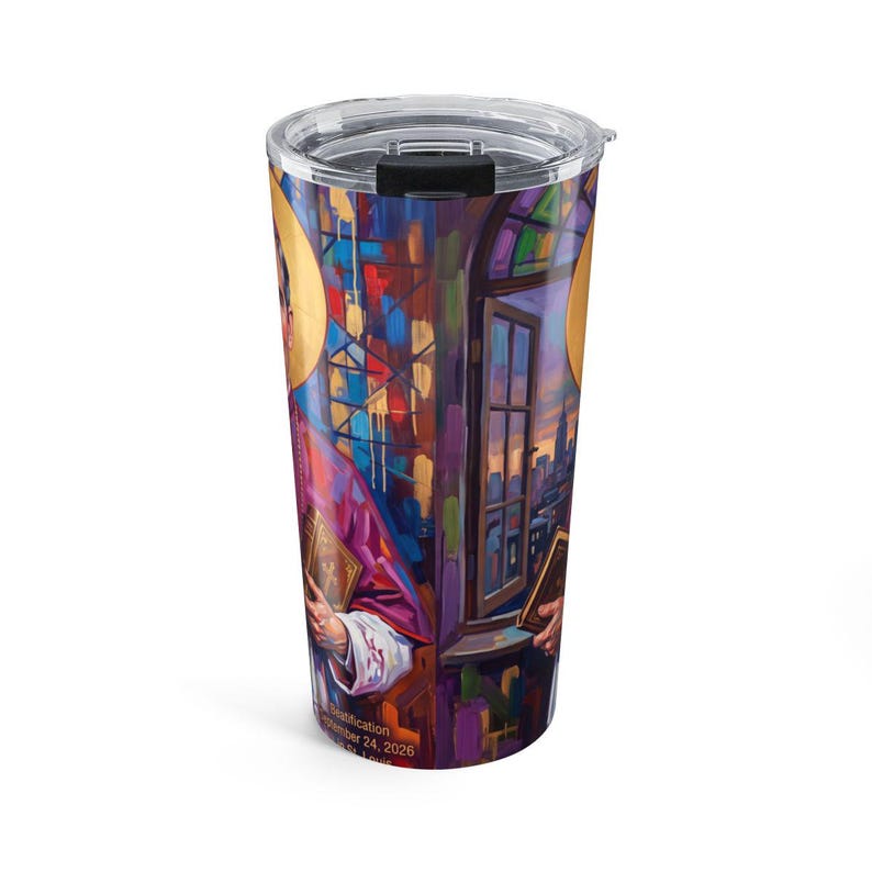 A 20oz tumbler with a clear sliding lid, printed with a vibrant, painterly illustration of Blessed Archbishop Fulton J. Sheen holding a book, surrounded by colorful stained glass and a city skyline window, with text reading 'Beatification September 24, 2026 St. Louis'