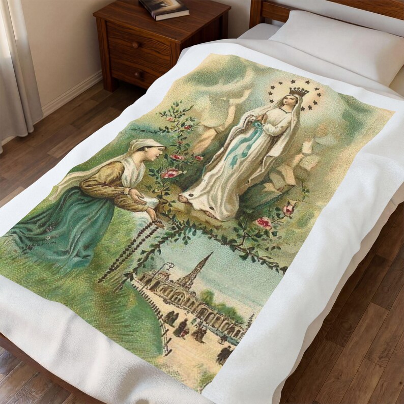 Our Lady of Lourdes Blanket, Catholic Marian Throw, Vintage Holy Card Gift for Catholic Mom or Prayer Home image 7