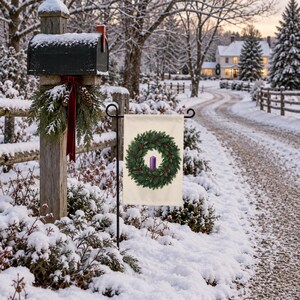 Advent garden flag on a garden stand beside a snow-covered mailbox on a winter lane