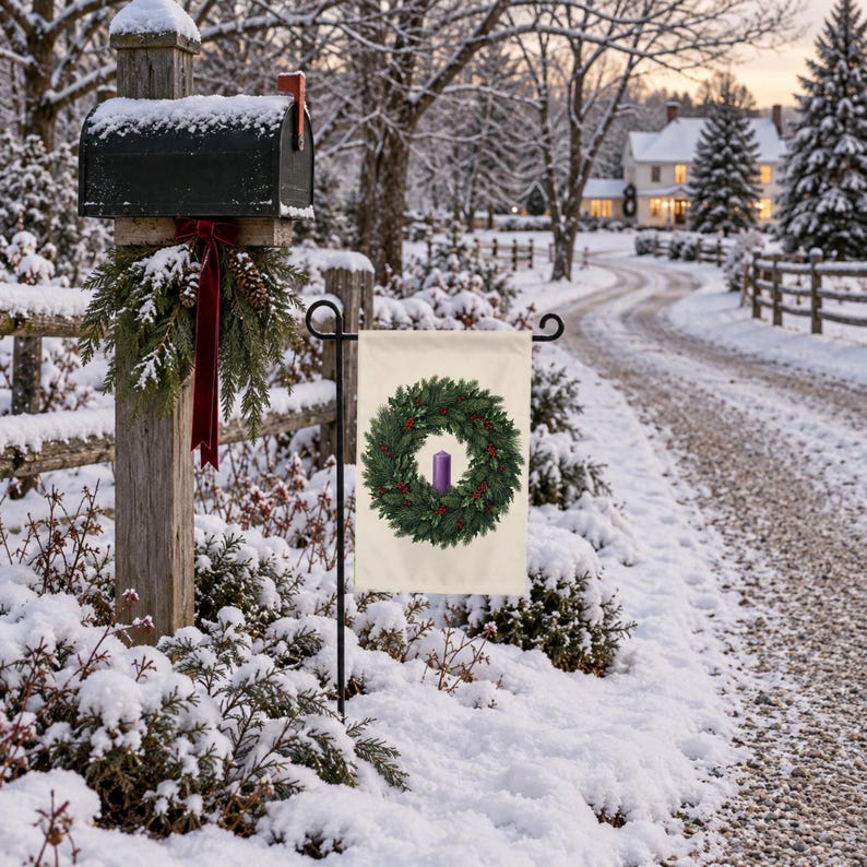 Advent garden flag on a garden stand beside a snow-covered mailbox on a winter lane