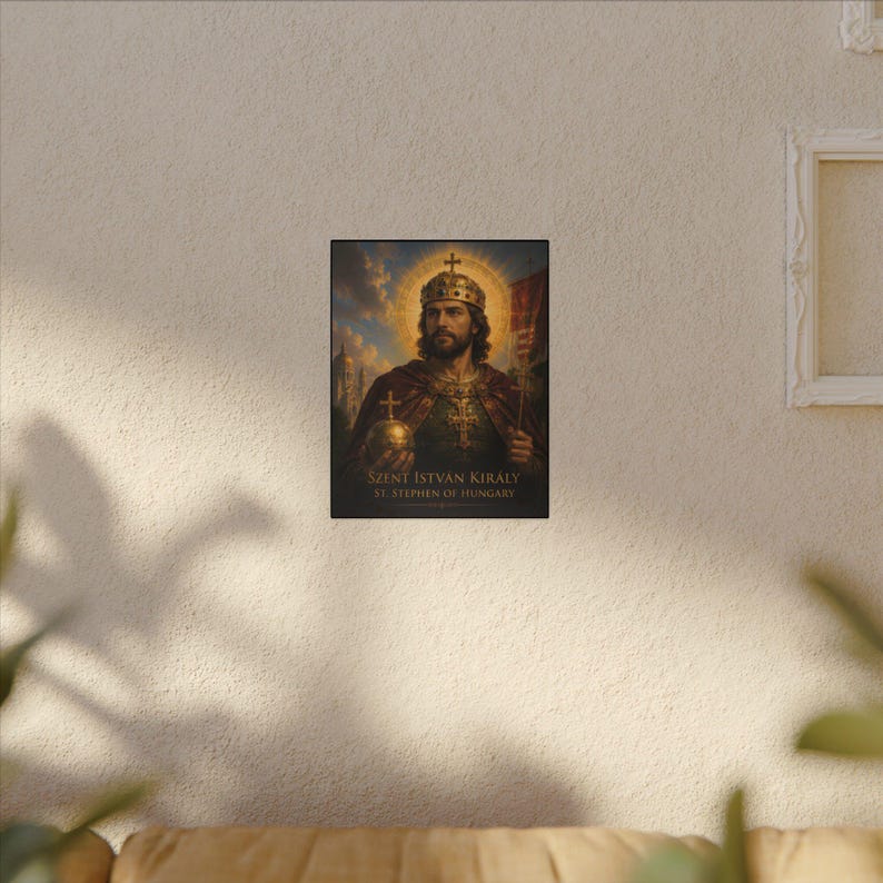 Arte mural católico húngaro, impresión en lienzo de San Esteban de Hungría, regalo de arte sacro para el hogar católico. imagen 11