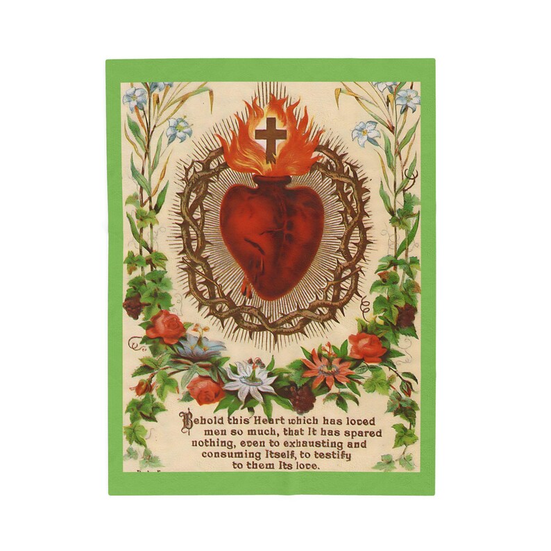 Manta de felpa de terciopelo con ilustración del Sagrado Corazón / Diseño de estampa religiosa antigua / Diseño devocional religioso imagen 2