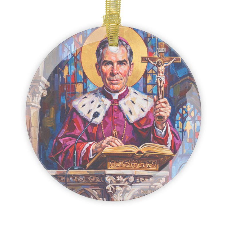 Blessed Fulton Sheen Glass Ornament, Clear Catholic Tree Decoration, Apologist Gift image 1