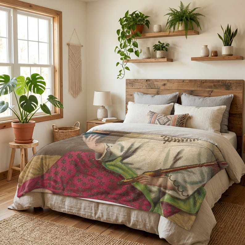 Christmas plush blanket spread over a bed beneath shelves of houseplants