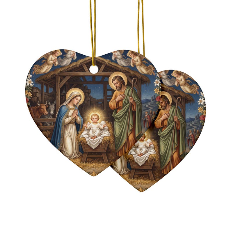 Ceramic Nativity Ornament, Catholic Christmas Keepsake Gift for Grandparent Godparent Teacher, Two-Sided Holy Family image 5