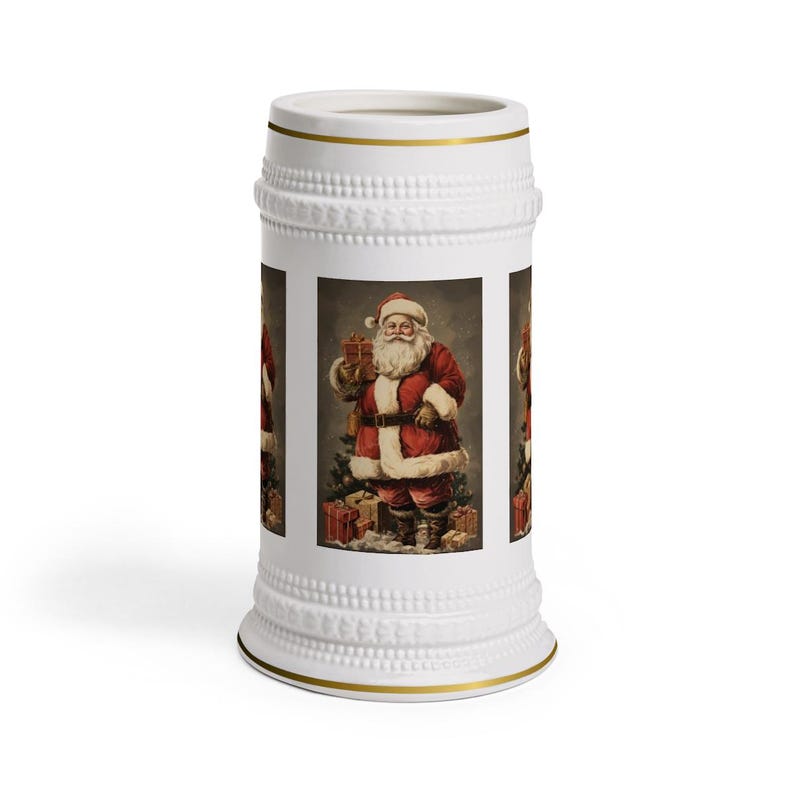 Old Fashioned Santa Claus Stein Mug, St. Nick Christmas Gift for Dad Mom Grandpa Grandma, Gold Trim Holiday Beer Mug image 3