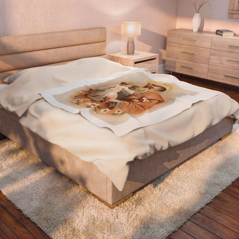 Sacred Art St. Joseph Blanket, Catholic Holy Family Velveteen Throw for Prayer or Home image 9