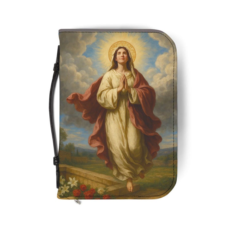 Assumption of Mary Bible Cover, Catholic Gift for Mom or Confirmation, Marian PU Leather Zip Bible Case image 2