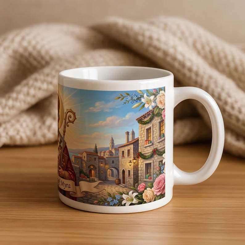 View of St. Nicholas ceramic mug
